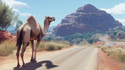 Camel roadside desert mountain scenic travel