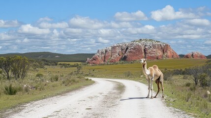 Camel standing roadside, outback landscape, rock formation, travel