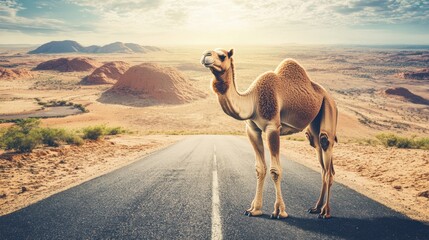 Camel on desert road, scenic hills background, travel
