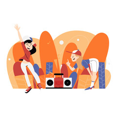 Cheerful Young People Dancing with Red Boombox on Transparent Background Vector Illustration in White Red Blue and Orange Colors with Hat Casual Wear