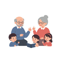 A cheerful scene of grandparents reading with children, fostering family bonding and learning.
