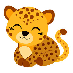 Adorable spotted leopard cub cartoon sleeping peacefully curled up with a sweet happy smile animal vector on white background.