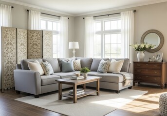 Fototapeta premium Bright and Inviting Living Room with Gray Sectional Sofa, Wooden Coffee Table, and Modern Farmhouse Decor Under Natural Light