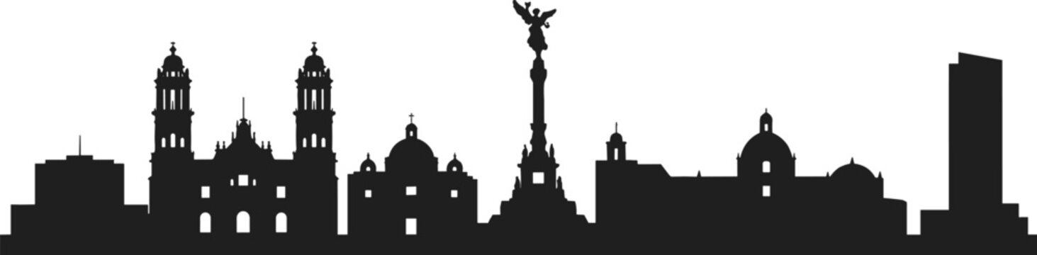 Black silhouette skyline of Mexico City with famous landmarks, historical buildings, architecture illustration, travel destination vector art, urban design
