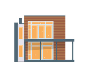 Modern Two Story House with Brown Cladding and Large Windows on Transparent Background