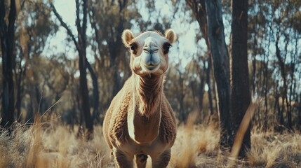 Dromedary stares, Australian outback, woodland background, wildlife tourism