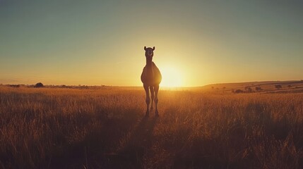 Camel sunset silhouette, African savanna, golden grass