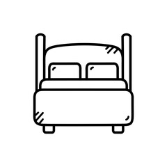 Monochrome Bed with Pillows Line Art on Transparent Background Minimalist Bedding Icon for Interior Design Projects and Home Decor Black and White Bed Illustration