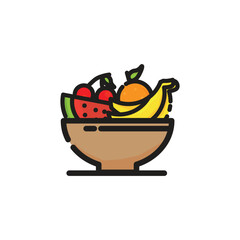 A brown bowl filled with assorted fruits cherries watermelon orange and banana