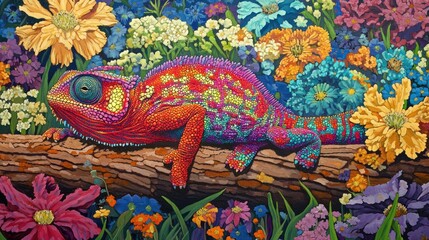 Vibrant chameleon resting on branch amidst colorful flowers, artwork