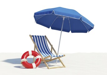Blue Beach Umbrella, Striped Deck Chair, and Red Life Buoy on White Sand, Perfect for Summer Vacation and Seaside Relaxation
