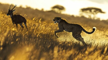 Cheetah Hunting Antelope Savannah Sunset Africa Wildlife