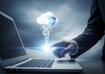 Businessman' Hand Interacting with Laptop for Cloud Computing Security and Digital Data Protection