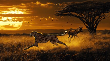 Cheetah chasing antelope sunset savanna Africa wildlife