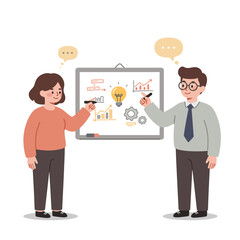 Two professionals discussing ideas in front of a presentation board with graphs and concepts.