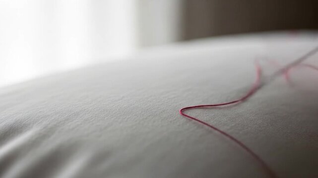 Close-up of a red thread being pulled through a white fabric, showcasing the intricate process of sewing and mending.