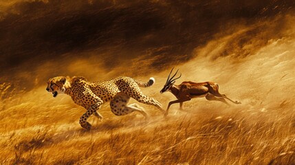 Cheetah chasing gazelle, savanna sunset, dust storm, wildlife documentary