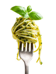 Pasta Pesto Perfection: A forkful of spaghetti, elegantly twirled and coated in vibrant pesto, crowned with a fresh basil leaf. This culinary creation is a celebration of flavors. 