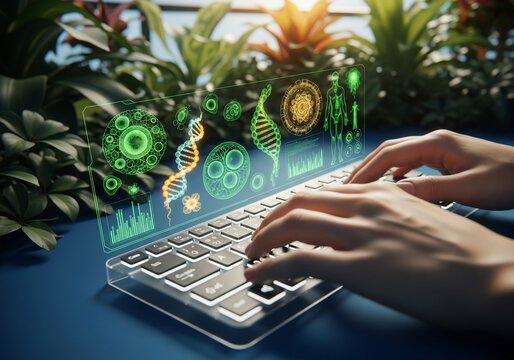 Hands Typing on Futuristic Transparent Laptop with DNA and Scientific Graphics Overlay Biotechnology Innovation Concept