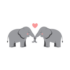 Fototapeta premium Two cute elephants touching trunks with a heart above, symbolizing love and friendship.
