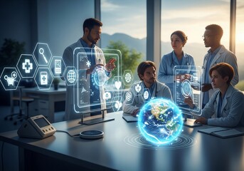 Diverse Medical Team Collaborates on Global Health Technology Innovation with Futuristic Digital Interface