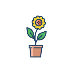 A potted sunflower with yellow petals and a brown center