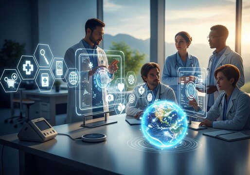 Diverse Medical Team Collaborates on Global Health Technology Innovation with Futuristic Digital Interface