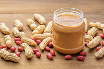 Closeup view of a jar of tasty peanut butter