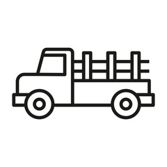 A side view of a pickup truck with a bed The truck has a cabin and two wheels The bed has vertical rails. Editable stroke line icon