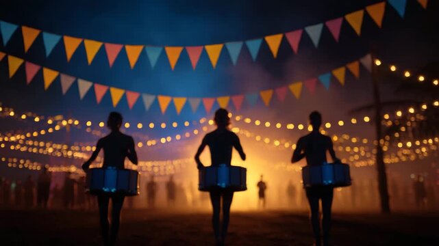 Silhouette of three drummers performing and marching at lively outdoor night festival with colorful pennant flags and glowing string lights, creating festive, energetic music performance atmosphere