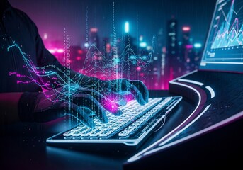Futuristic Hacker Typing on Keyboard with Neon Data Streams Flowing Cityscape Background