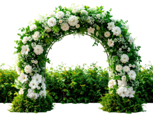 A wedding arch made of white and green flowers, transparent background