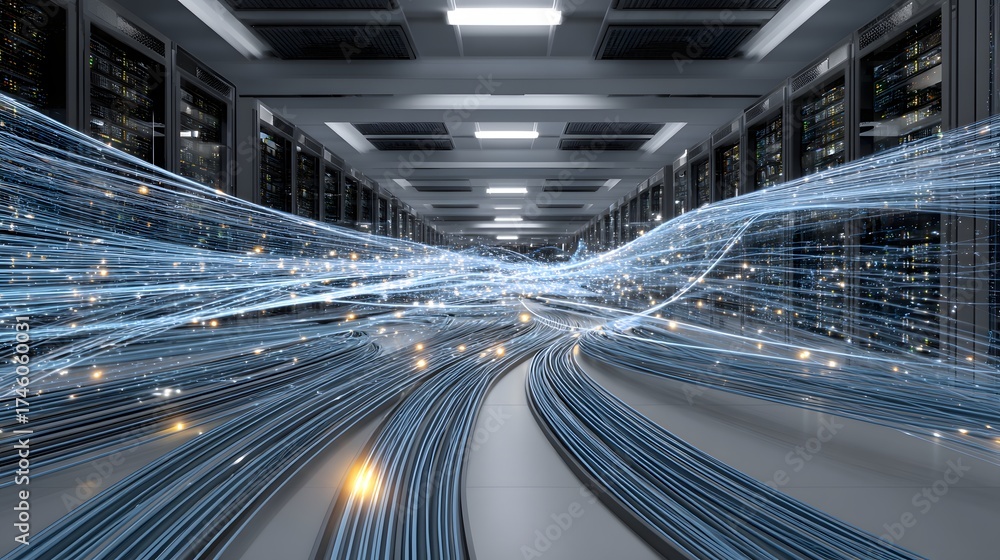 Wall mural abstract digital flow of data and light in a modern technological infrastructure