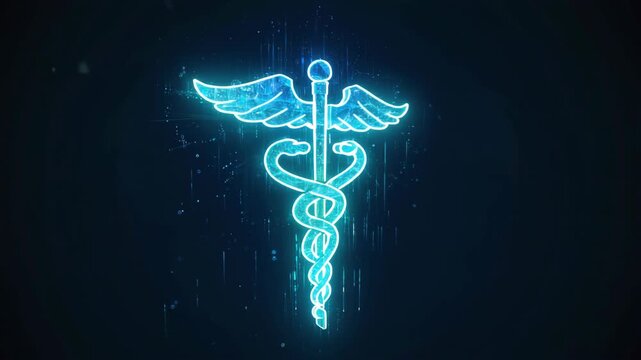 Digital neon blue hologram of the medical caduceus symbol sign glowing on a dark background, representing healthcare, medicine, medical technology, health services, and modern medical innovation.