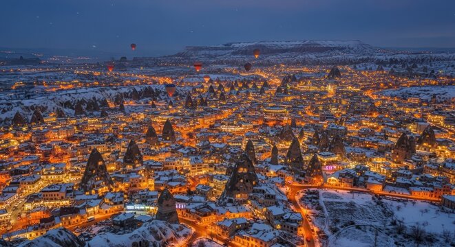 Magical Winter Night in Cappadocia: Illuminated Fairy Chimneys and Hot Balloons over a Snow-Covered G&ouml;reme City