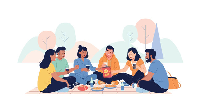 Group of diverse friends enjoying a picnic in the park together and having fun