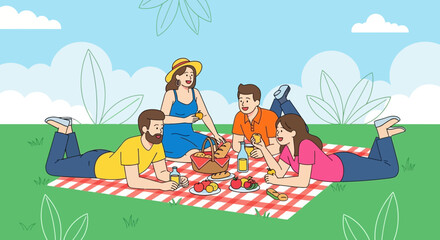 Group of friends enjoying a picnic in the park on a sunny day together relaxing