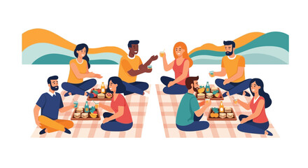 Group of friends enjoying a picnic outdoors together with food and drinks happily
