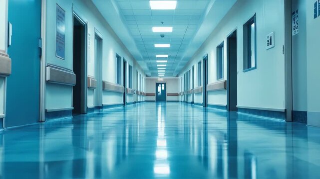 Clean, empty hospital corridor with blue floor and fluorescent lighting