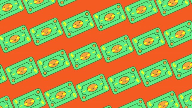 Bold animated money pattern background with repeating green dollar bills on vibrant orange backdrop creating a dynamic financial theme.