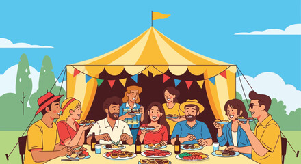 Fototapeta premium Group of People Gathered for Outdoor Fun with Food and a Festive Tent Celebration