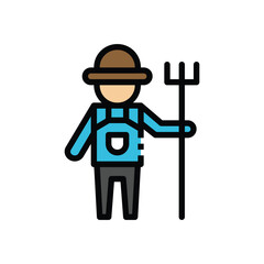 Cartoon farmer figure in blue overalls and a brown hat holding a black pitchfork