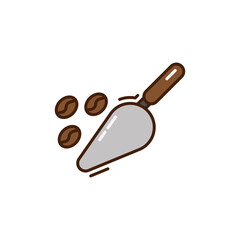 Coffee Beans and Silver Scoop Icon in Cartoon Style with Brown Accents Against a Transparent Background
