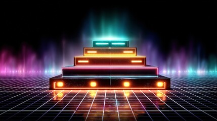 Illuminated geometric structure on grid with colorful light beams against dark backdrop.