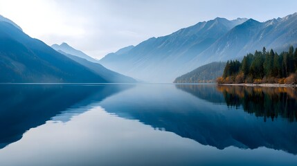 Serene Morning Landscape with Mountain Reflections on a Tranquil Lake Surrounded by Forest