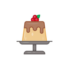 Chocolate Pudding Line Icon on Transparent Background with Red Berries and Brown Drizzle Topping Dessert on Gray Stand Sweet Treat Illustration
