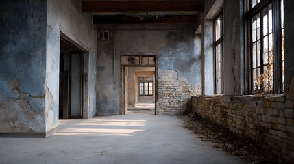 Obraz premium Interior View of an Abandoned Building with Light Filtering Through Broken Windows and Nature's Touch