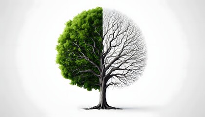 Split tree image vibrant green life one half bare winter branches the other