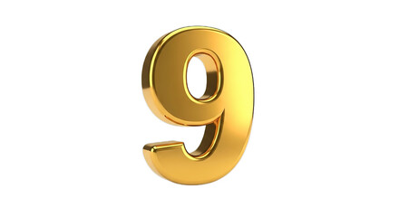 A shiny golden 3D number 9 serves as an icon for internet communication and business information PNG