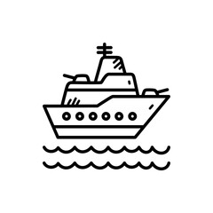 Monochrome Outlined Warship Floating on Wavy Water in Black and White Color Scheme Minimalist Military Doodle Icon Isolated on Transparent Background